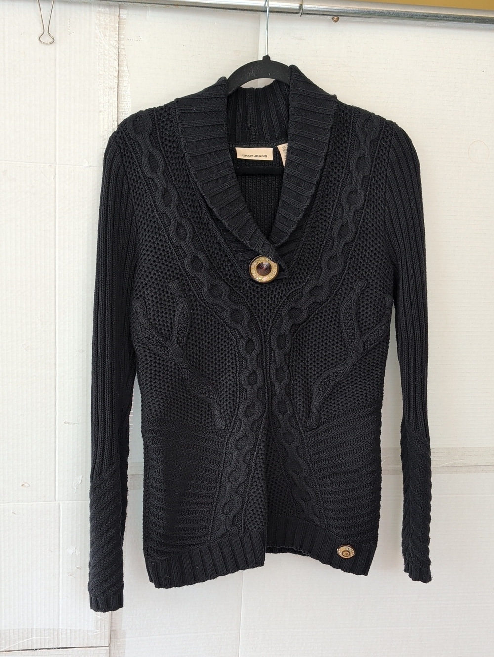 DKNY Black Shawl Collar Cable Knit Cardigan SZ Small Chic Cozy Collegiate Office